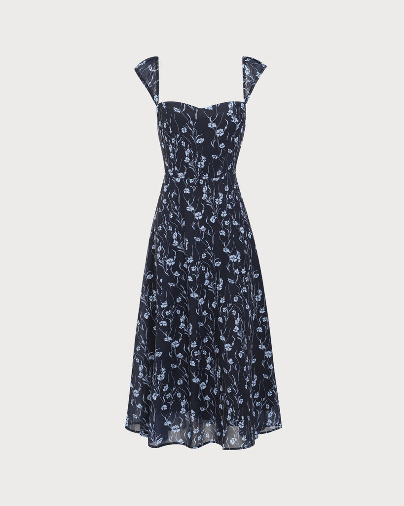 Navy Floral Sweetheart Neck Midi Dress