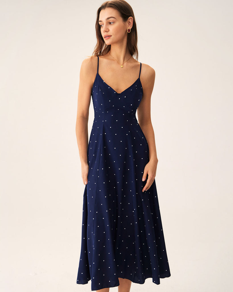 Navy Polka Dot Shirred Slip Midi Dress