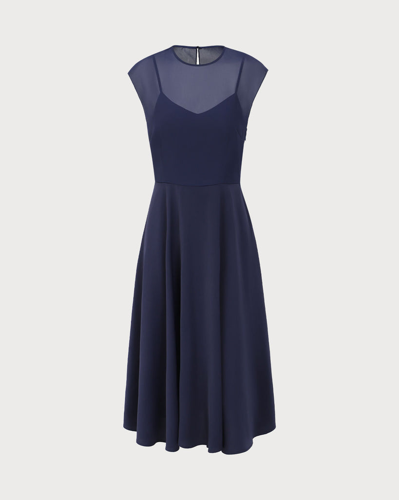 Navy See Through Cap Sleeve Midi Dress