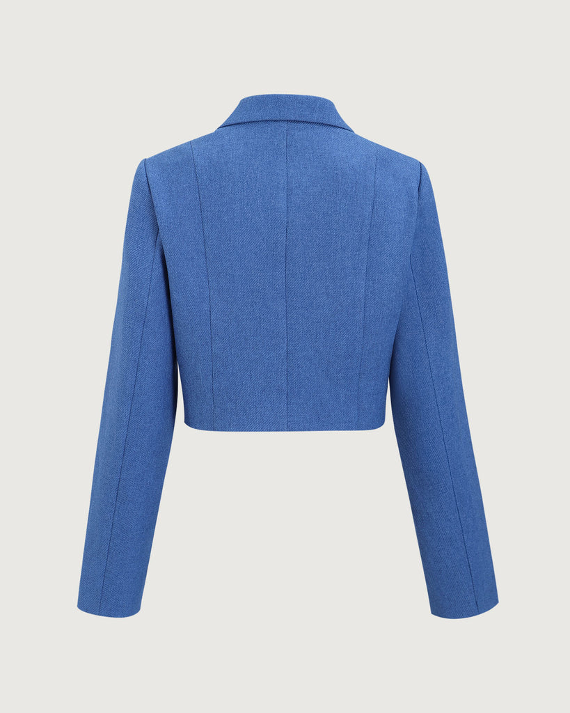 Blue Single-Breasted Pocket Crop Jacket