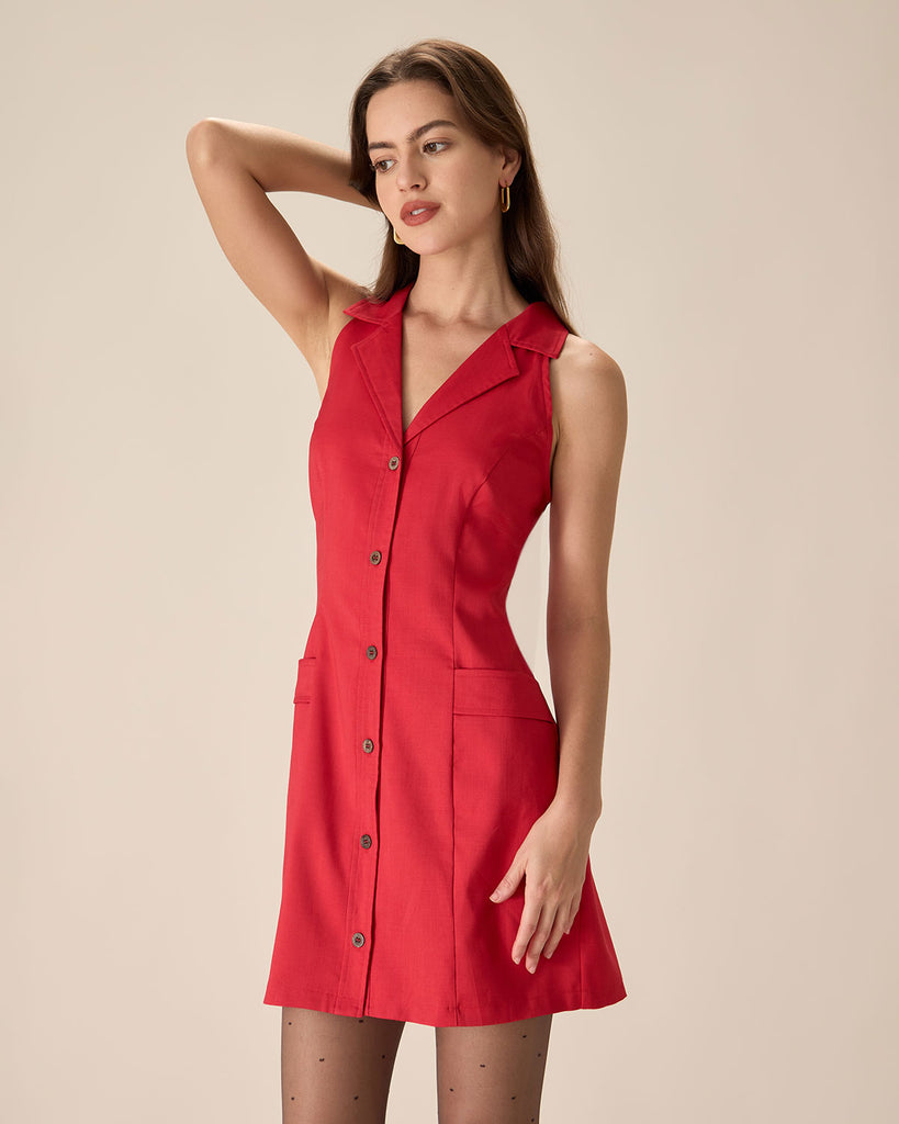 Red Collared Pocket Button Mini Dress