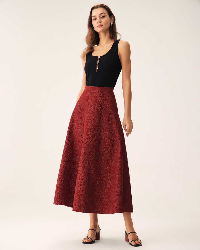 Red Jacquard A-line Midi Skirt