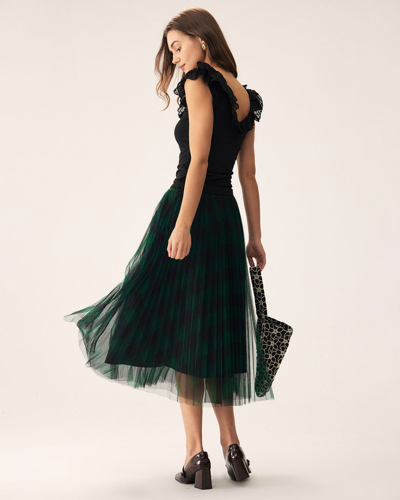 Green Mesh Pleated Midi Skirt