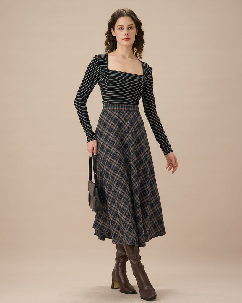 Navy Plaid Flared Midi Skirt