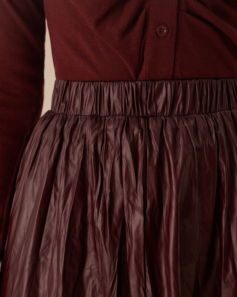 Women's Wine Red Elastic Waist Ruched Midi Skirt