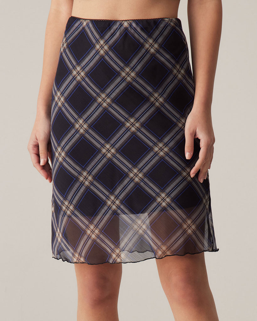 Black Plaid Straight Knee Length Skirt