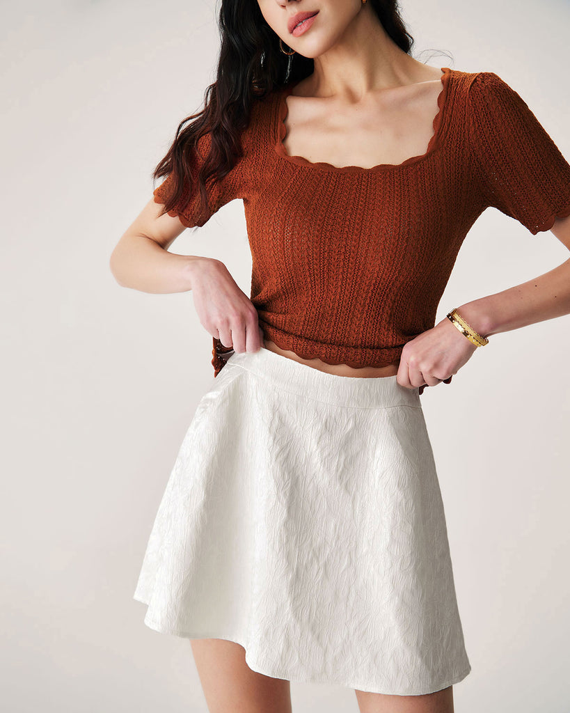 Beige Jacquard A-Line Mini Skirt