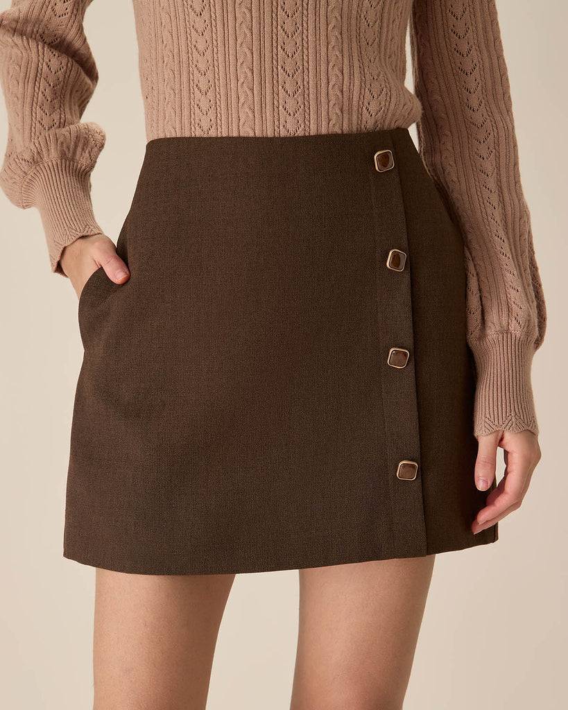 Coffee High-waisted Button Mini Skirt