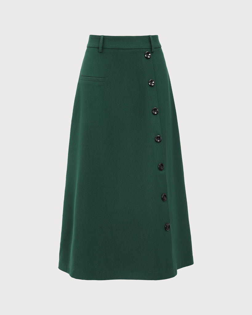 Green High-waisted Button Midi Skirt