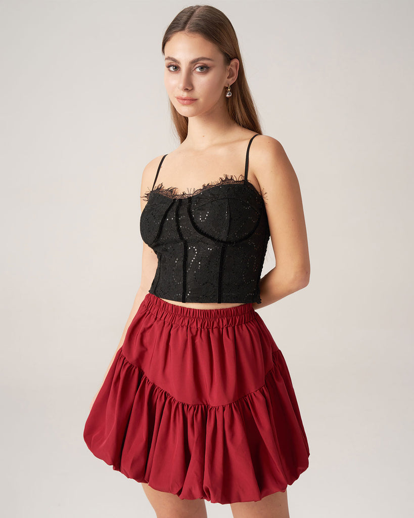 Red Elastic Waist Bubble Mini Skirt