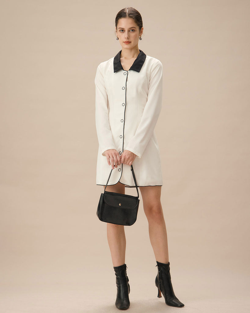 White Contrasting Button-Up Mini Dress