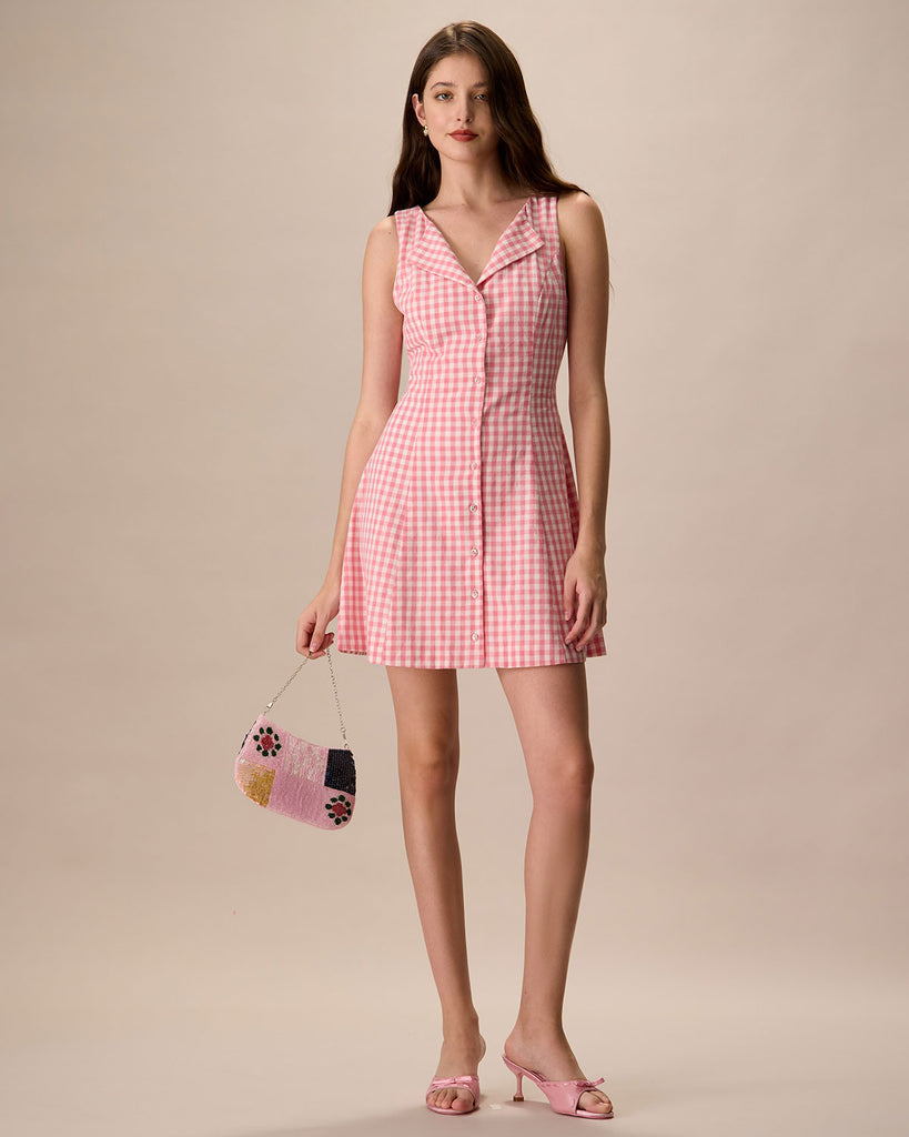 Women's Pink V-Neck Plaid Cotton Mini Dress