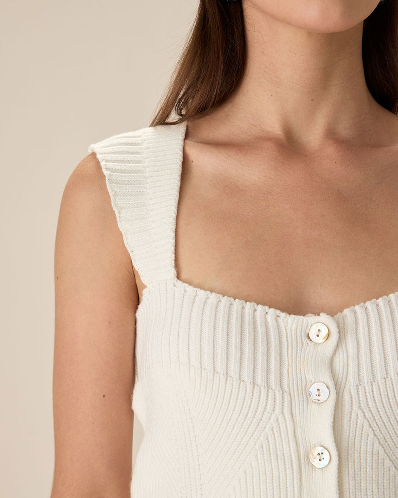 White Knit Button Tank