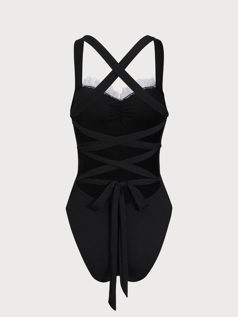 Black Lace  Contrast One-Piece Swimsuit