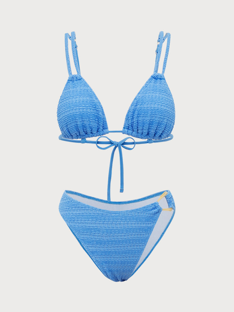 Blue Textured Double Strap Bikini Set