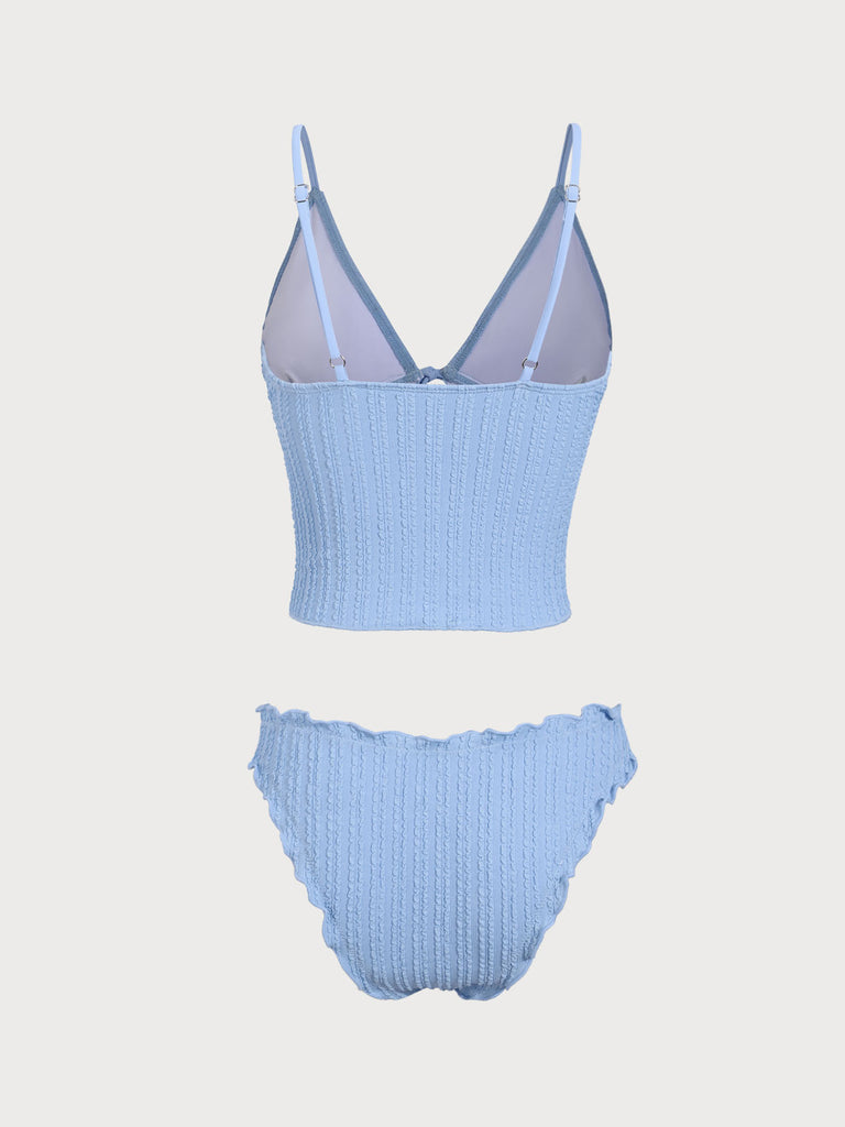 Blue Jacquard Tie-Front Tankini Swimsuit