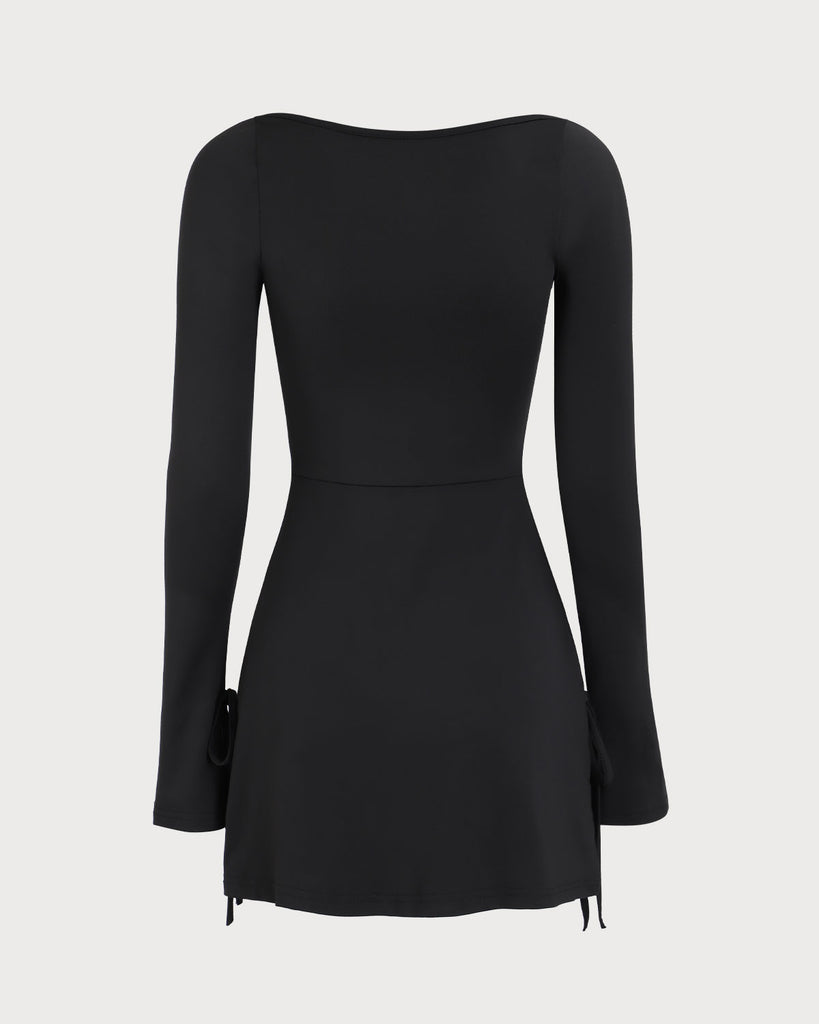 Women's Black Square Neck Knitted Long Sleeve Mini Dress