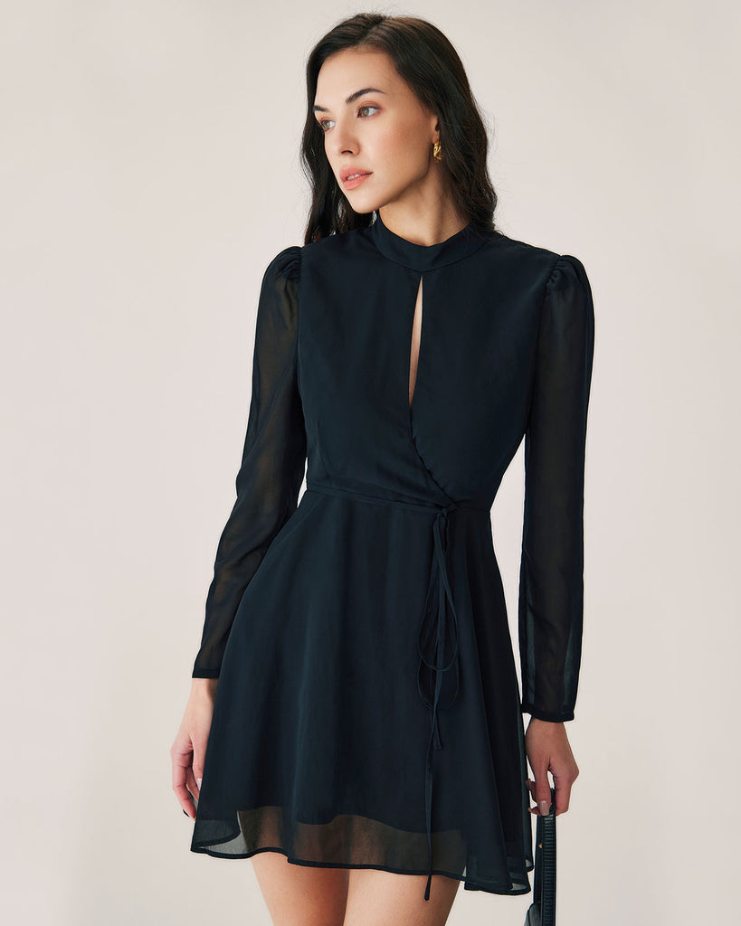 Black Chiffon Wrap Mini Dress