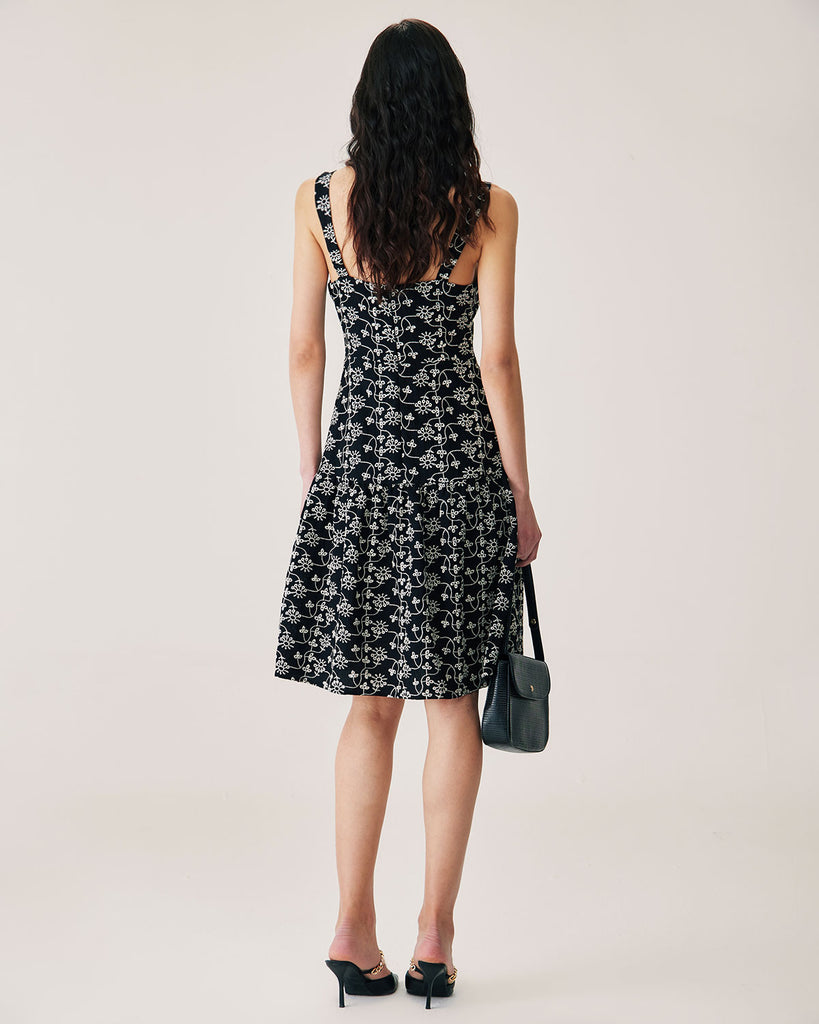 Black Floral Embroidery Slip Midi Dress