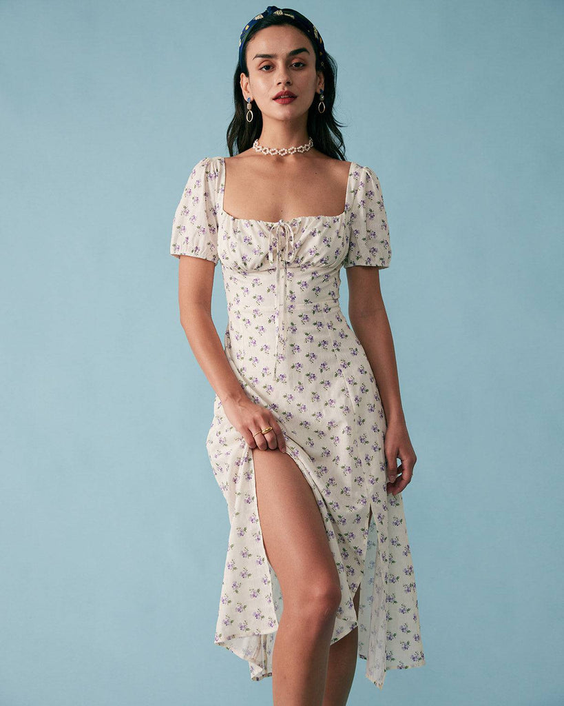 The Short Sleeve Floral Ruched Midi Dress - RIHOAS