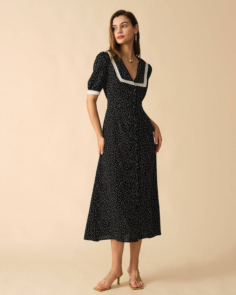 The Polka Dot Lace Trim Midi Dress - RIHOAS