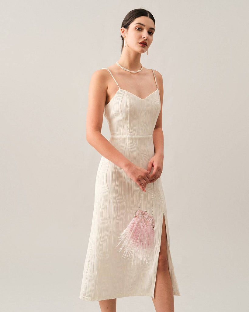 The Wave Textured Pearl Strap Midi Dress - RIHOAS