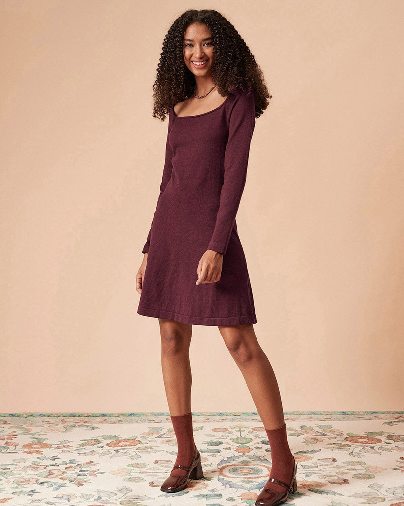 The Square Neck Sweater Dress Wine Red Dresses - RIHOAS