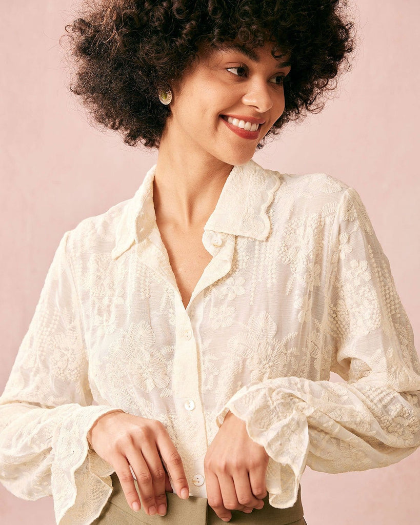 The Beige Floral  Embroidery Blouse Tops - RIHOAS