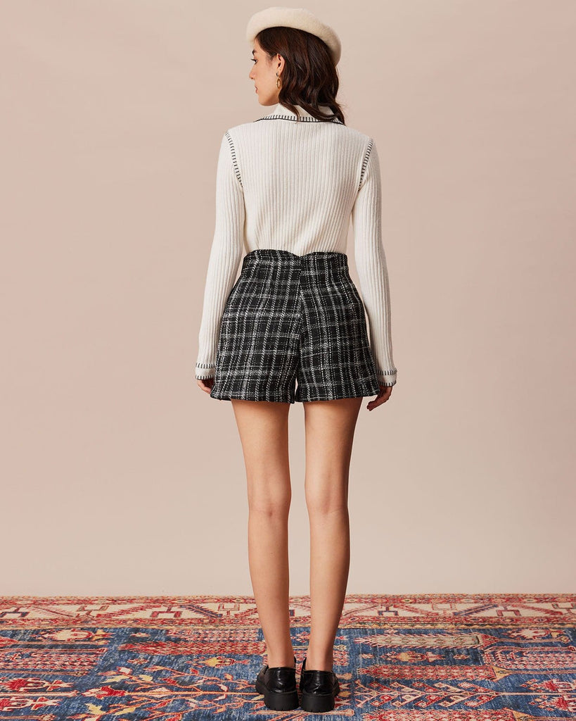 The Black Tweed Plaid Single Button Shorts Bottoms - RIHOAS