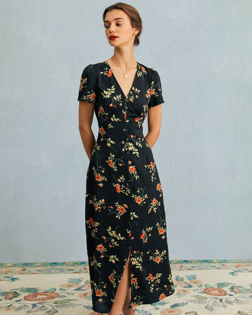 The Black V-Neck Button Detail Floral Maxi Dress Dresses - RIHOAS