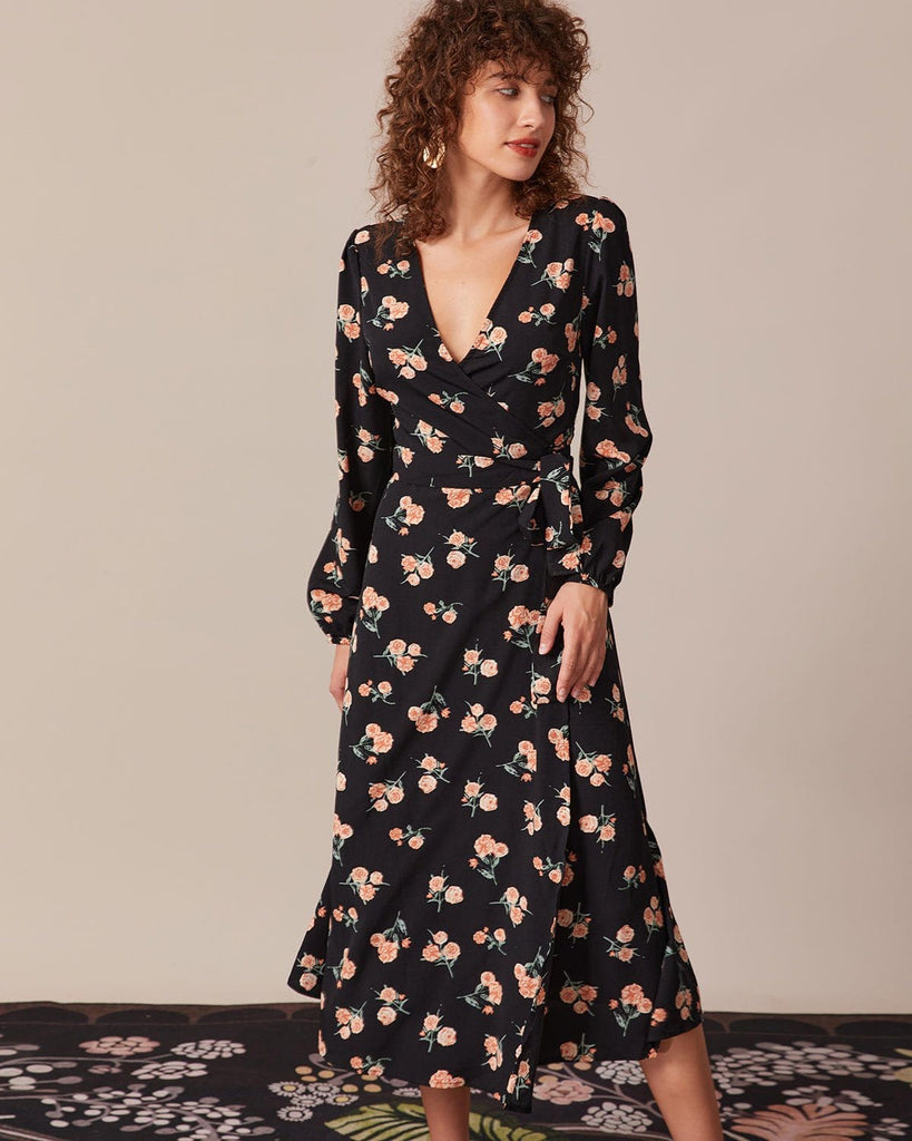 The Black V-Neck Floral Wrap Dress Black Dresses - RIHOAS