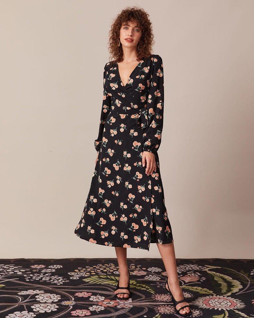 The Black V-Neck Floral Wrap Dress Dresses - RIHOAS