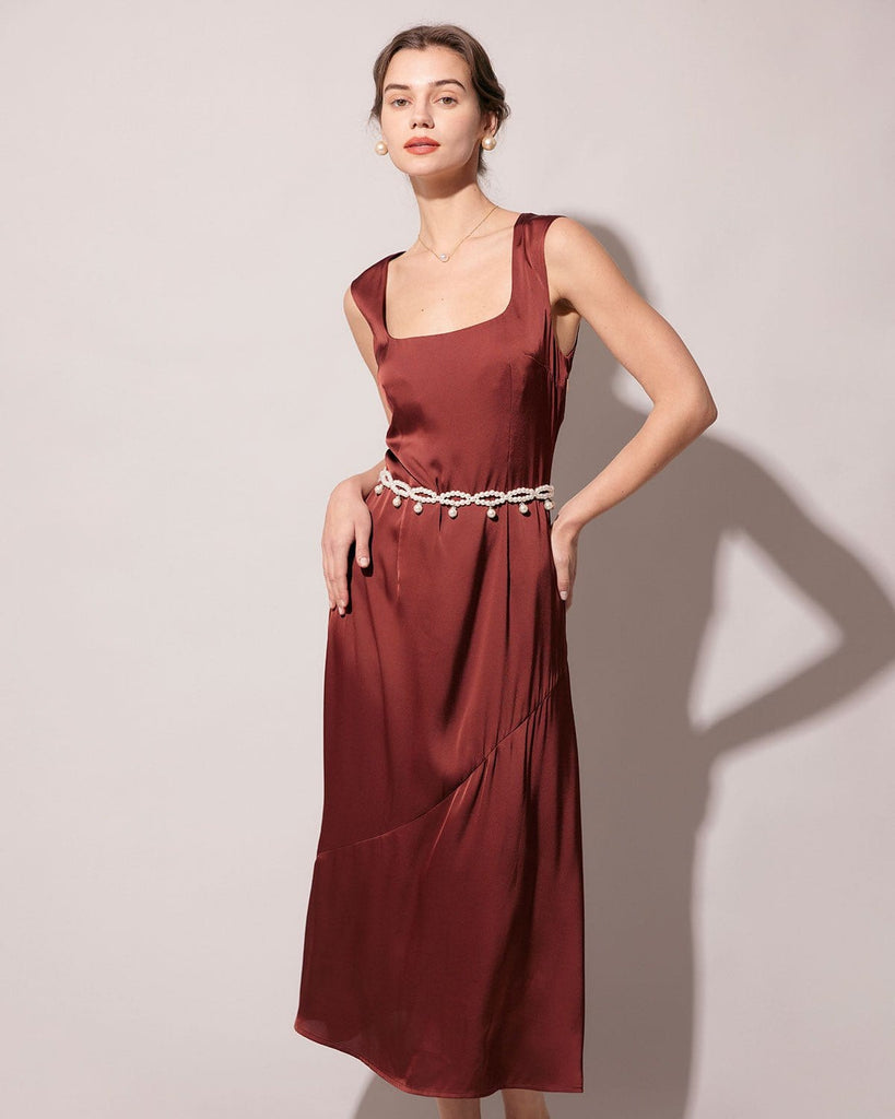 The Coffee Square Collar Satin Maxi Dress Coffee Dresses - RIHOAS