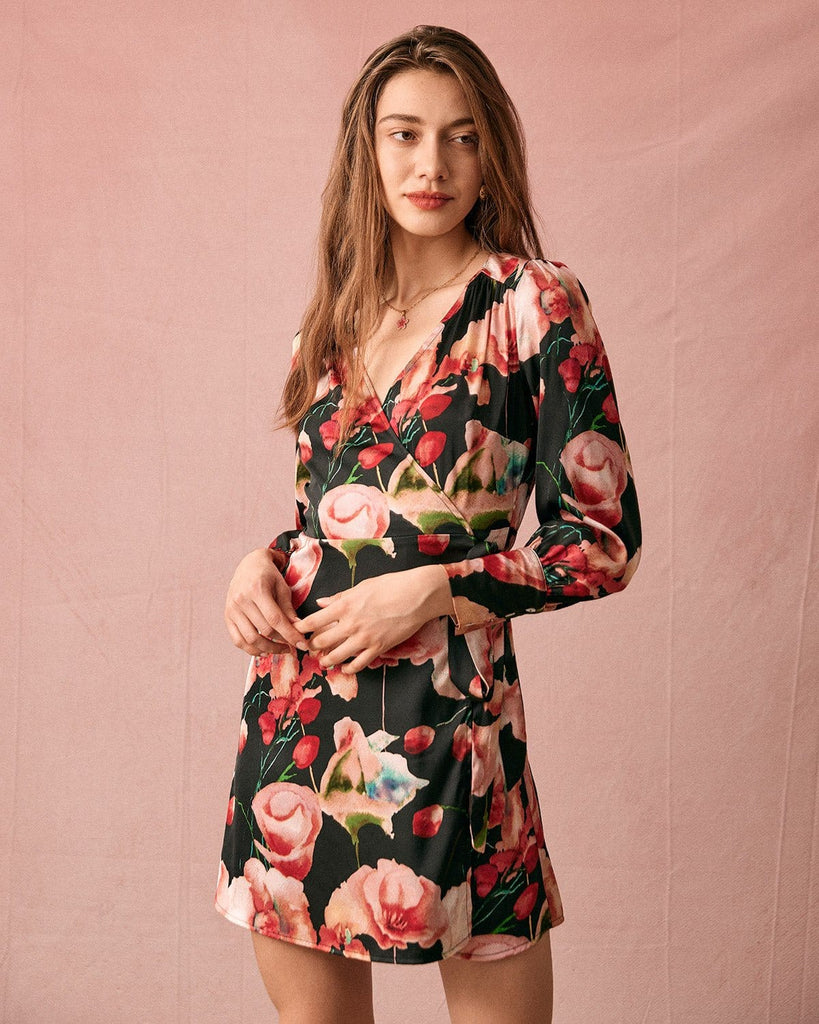 The Large Floral Print Wrap Mini Dress Dresses - RIHOAS