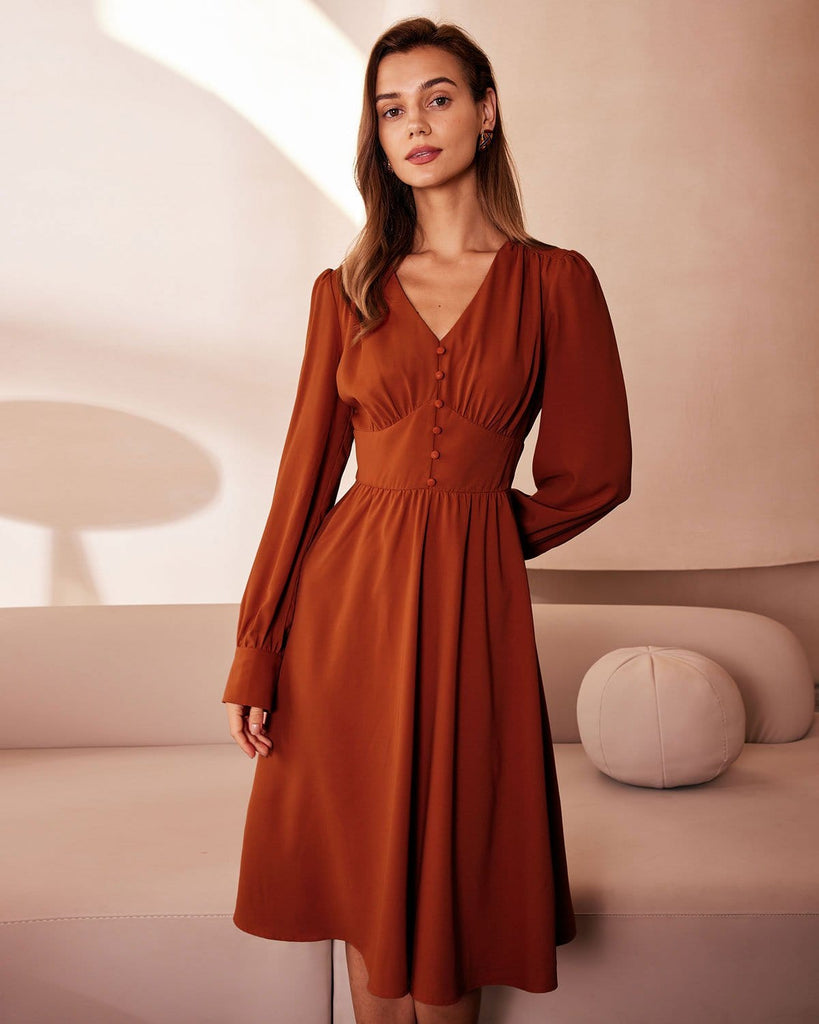 The Orange V-Neck Ruched Midi Dress Orange Dresses - RIHOAS