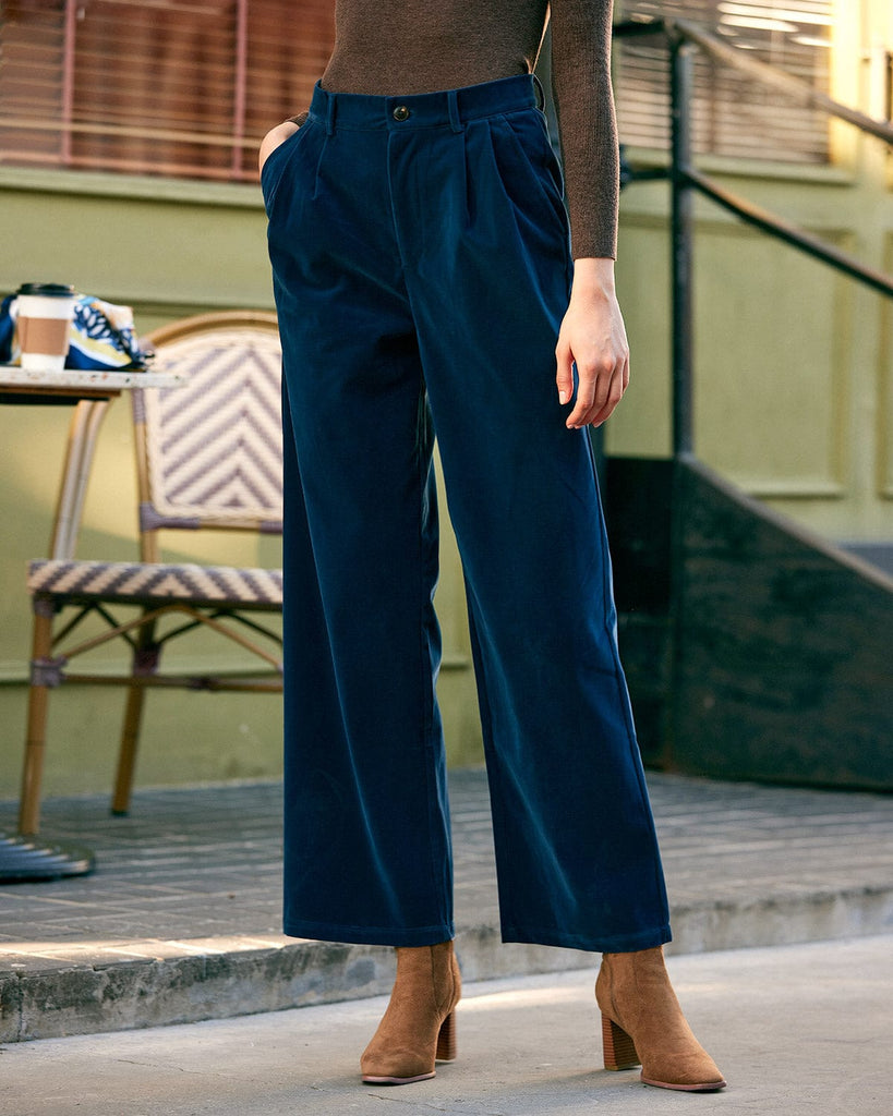 The Pleated Wide Leg Pants Navy Bottoms - RIHOAS