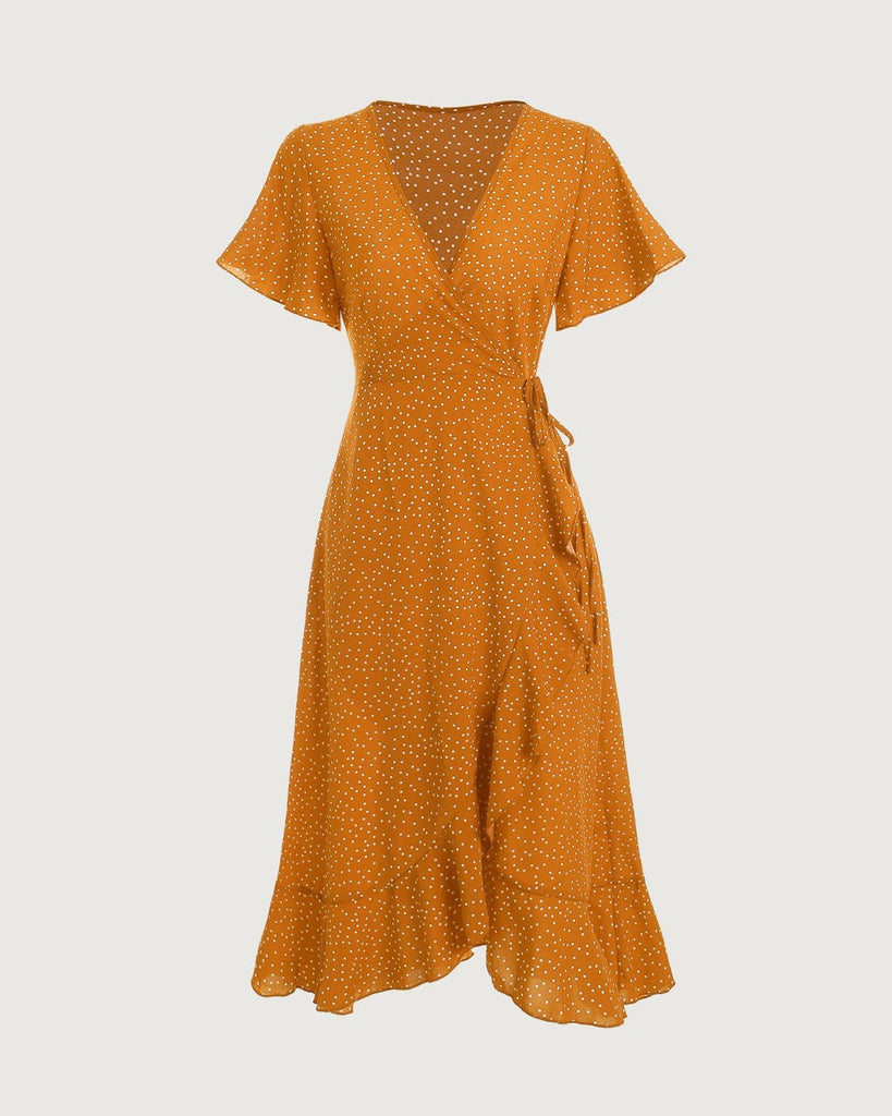 The Polka Dot Ruffle Wrap Dress Yellow Dresses - RIHOAS