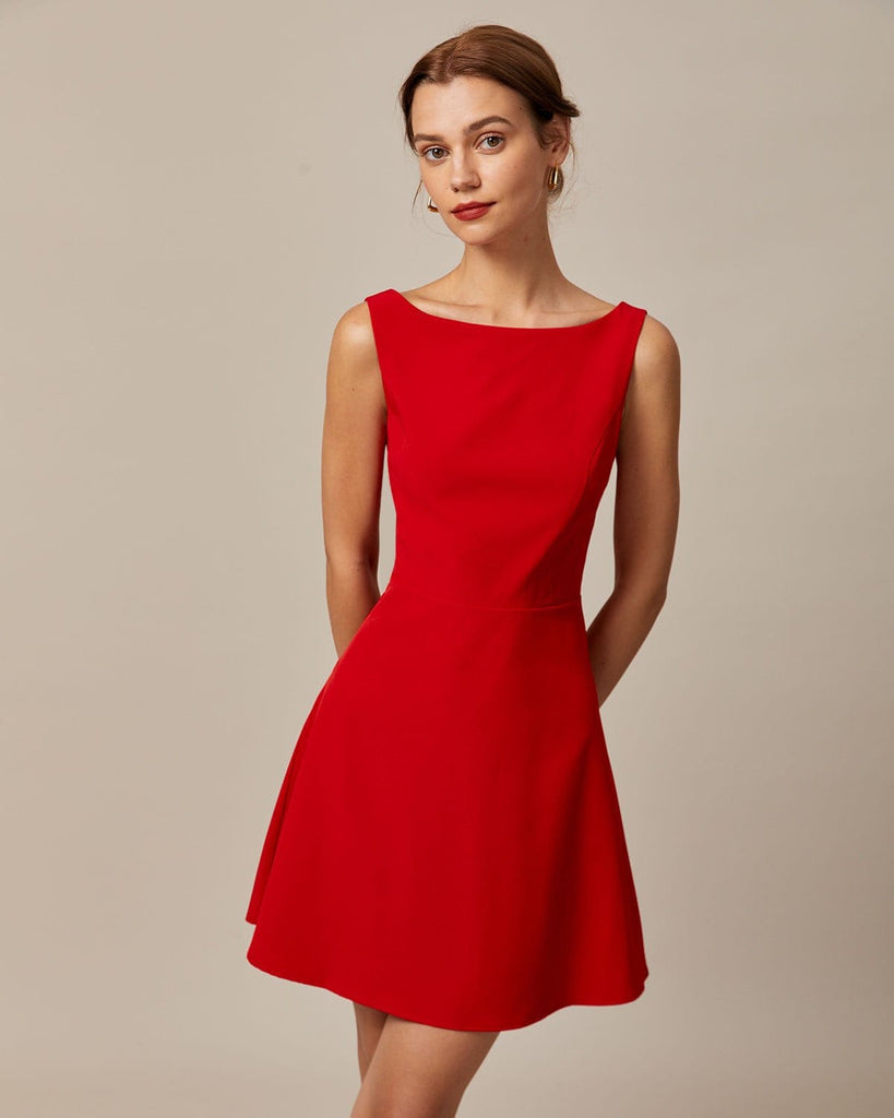 The Red Boat Neck Solid Mini Dress Dresses - RIHOAS