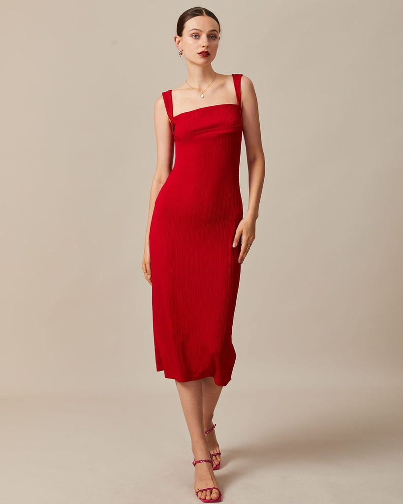 The Red Square Neck Ribbed Midi Dress Dresses - RIHOAS