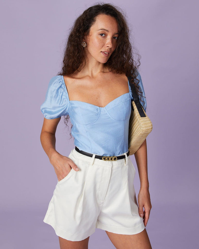 The Sweetheart Neck Puff Sleeve Blouse Blue Tops - RIHOAS