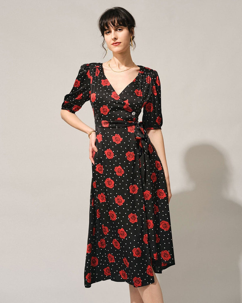 The V-Neck Floral Wrap Dress Black Dresses - RIHOAS