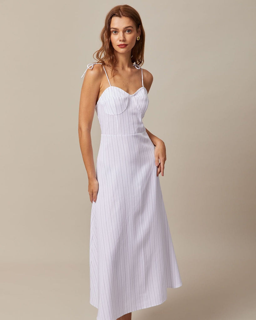 The White Striped Tie Shoulder Dress Dresses - RIHOAS