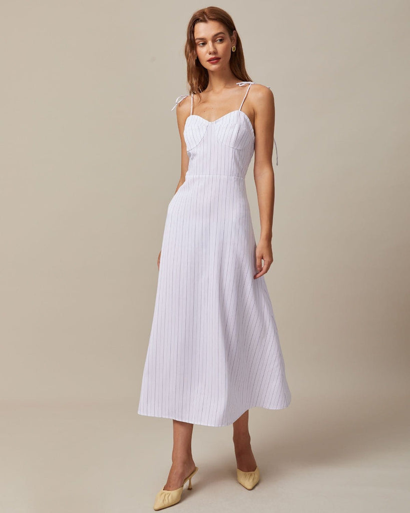 The White Striped Tie Shoulder Dress Dresses - RIHOAS